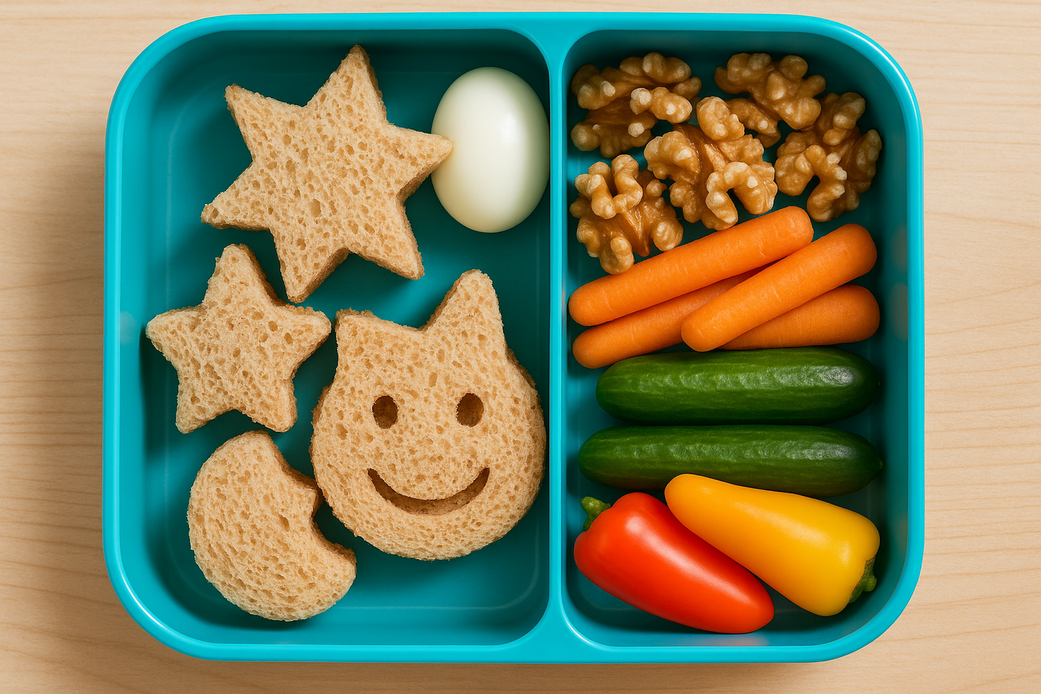 Een gezonde lunch bento box voor kinderen. met daarin een boterham, gekookt ei, gepelde walnoten, snoepkomkommer, snoepwortel en snoeppaprika